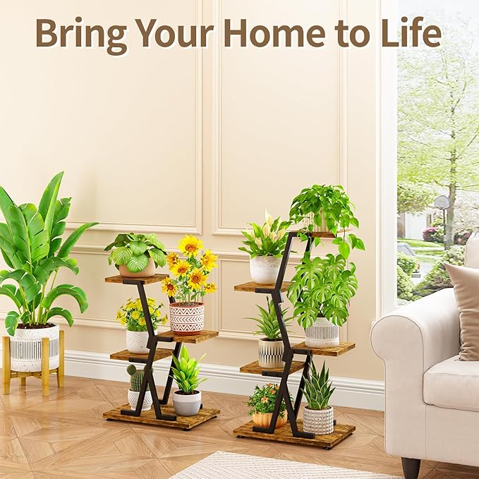 LASZOLA 4 Tier Tall Wood and Metal Plant Stand Indoor for Heavy Duty Planter, Large Multi Level Vertical Flower Shelf for Narrow Corner, Sturdy Rustic Rack Holder for House Patio, Space Saving, Black