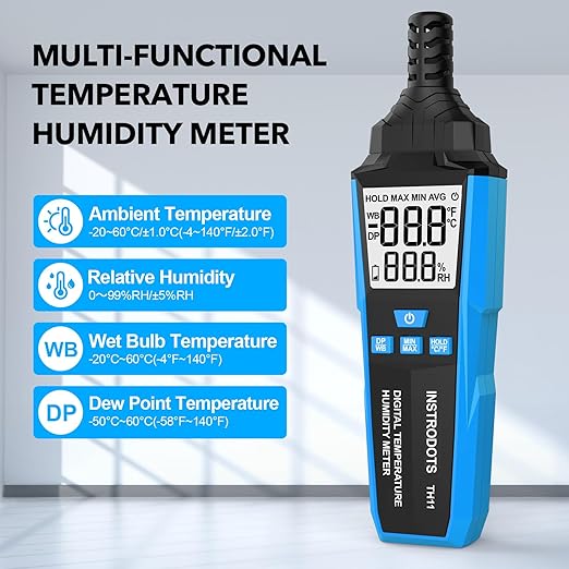 Temperature Humidity Meter, High Precision Digital Hygrometer with Ambient, Dew Point, Wet Bulb Temperature for Indoor Outdoor, Thermometer with Min/Max, Data Hold, LCD Backlight, TH11