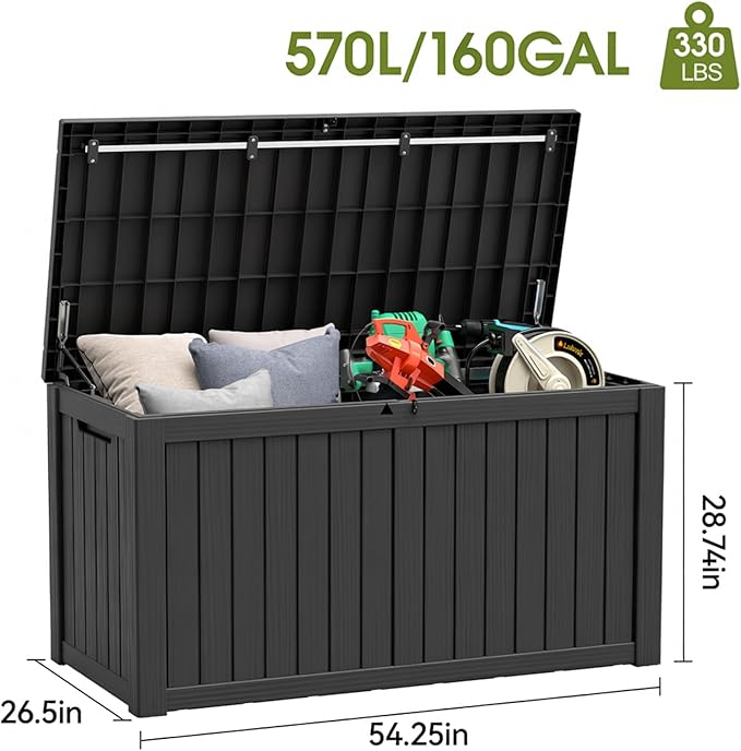 NBYSGO Outdoor Storage Box, Resin Deck Boxes Indoor and outdoor, Waterproof Storage Box Lockable Lid (Black, 160 Gallon)