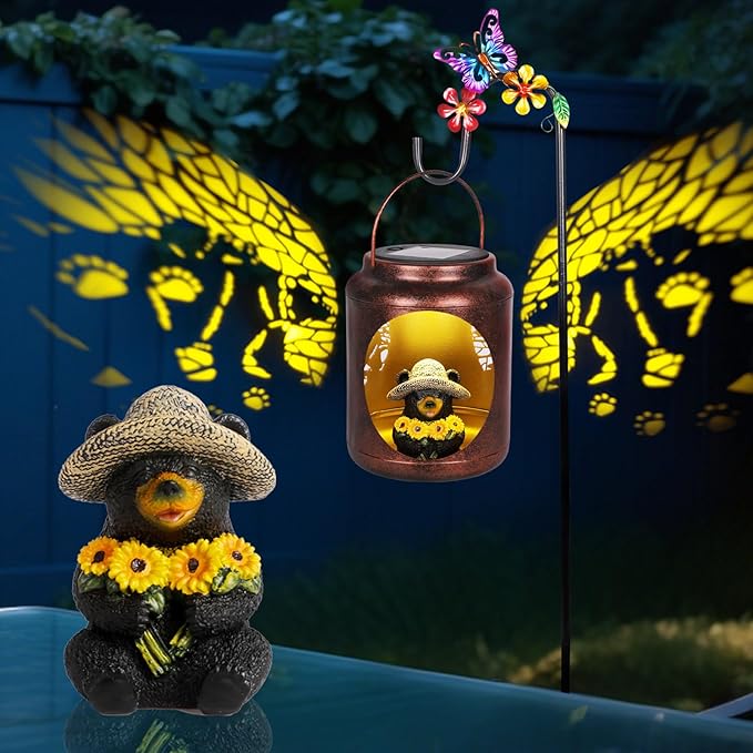 Solar Lanterns Outdoor Waterproof Metal Black Bear Patterns with Resin Black Bear Inside Garden Decor Gifts for Women Mom Grandma Hanging Solar Lights Decoration Outside for Yard, Patio, Backyard