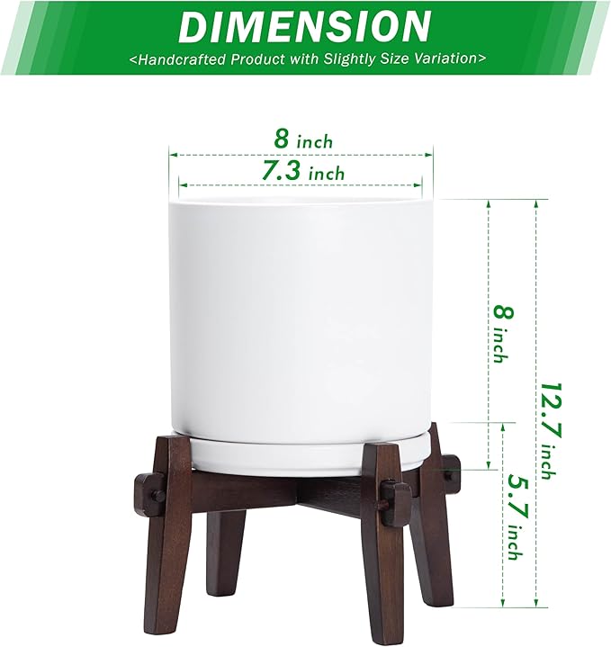 D'vine Dev Ceramic Planter with Wood Stand - 8 Inch Mid Century Modern Cylinder Indoor Plant Pot Set for Indoor Plants & Flowers, White, 55-A-Y-1