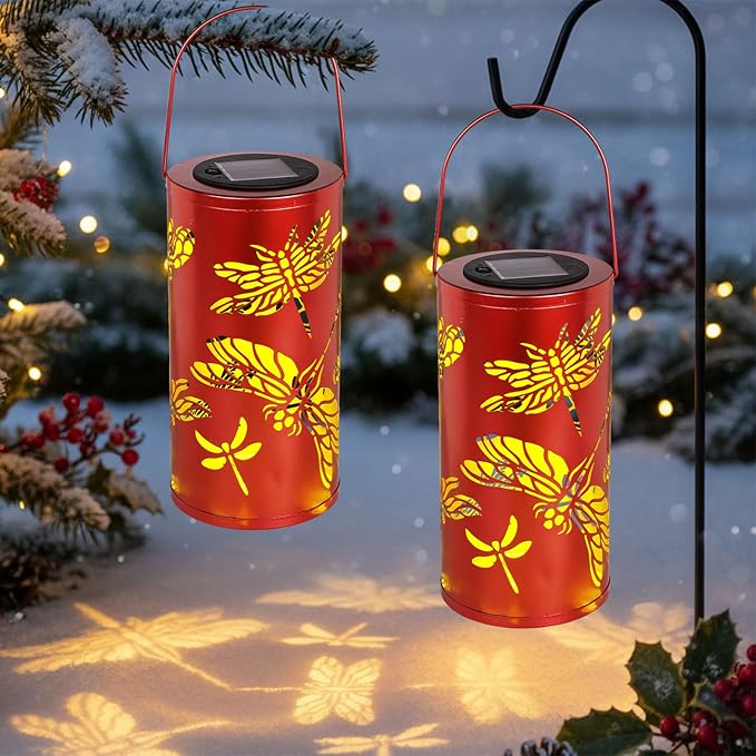 12.8" Large Size 2-Pack Outdoor Solar Lanterns Waterproof Metal Dragonfly Patterns Garden Decor Gifts for Women Mom Grandma Hanging Solar Lanterns for Outside Yard, Patio, Backyard, Porch