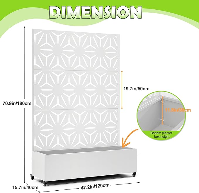 15.7"×70.9"×47.2" Metal Raised Garden Bed with Trellis and Wheels - Tall Trellis Planter Box for Climbing Plants, Vegetables & Vines - Outdoor Privacy Planters for Patio (White-Star)