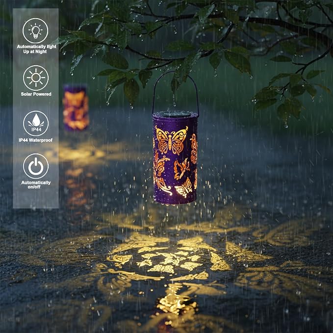 12.8" Large Size 2-Pack Outdoor Solar Lanterns Waterproof Metal Butterfly Patterns Garden Decor Gifts for Women Mom Grandma Hanging Solar Lanterns for Outside Yard, Patio, Backyard, Porch