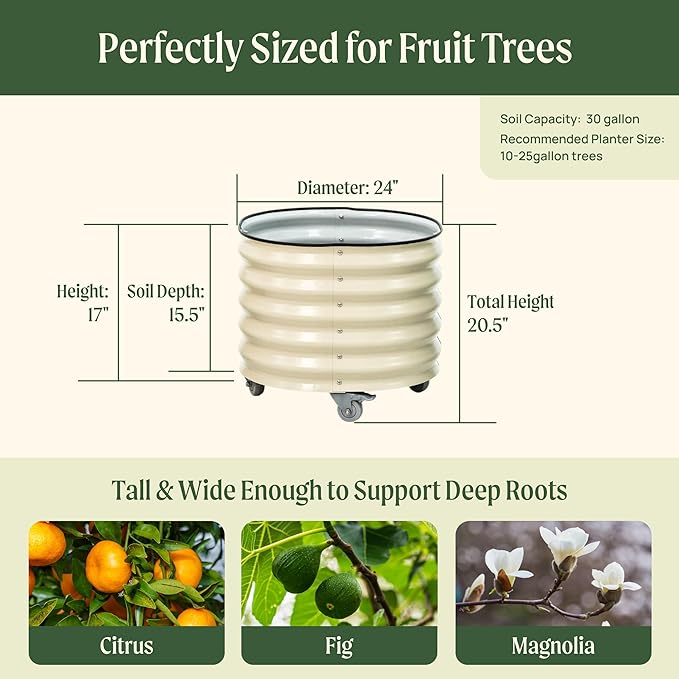 Rolling Metal Citrus Tree Planter Pot, 24″ Round Planter Box for Porch Patio & Backyard, 30 Gallon Large Planter Pot with Wheels for Growing Trees Tomatoes Vegetables and Flowers, Olive Green
