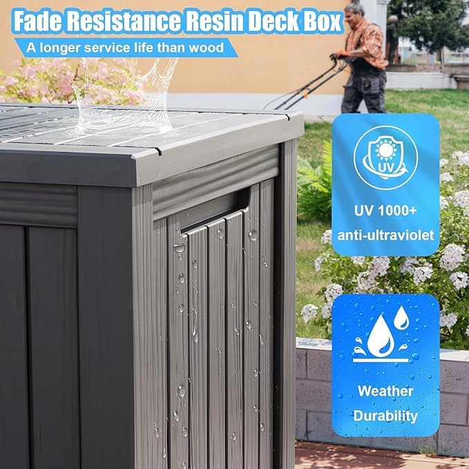 Yardgrace Outdoor Storage Box, 200 Gallon Resin Deck Box for Patio Furniture, Garden Tools and Pool Accessories, Waterproof Lockable UV-Resistant Storage Bin Bench Cabinet for Outside, Grey