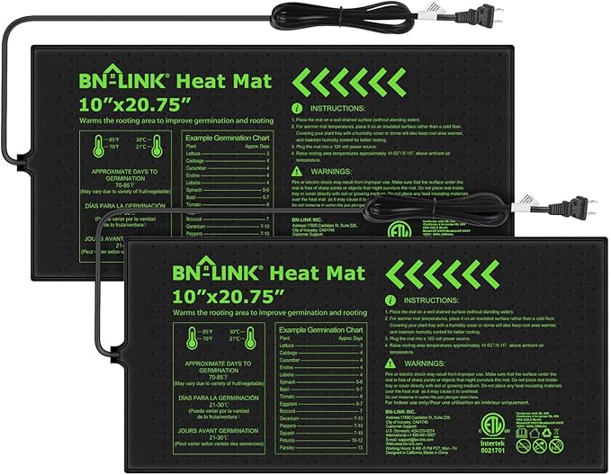 BN-LINK Durable Seedling Heat Mat for Seed Starting 10" x 20.75", 2 Pack Waterproof Warming Mat Plant Heating Pad for Seed Germination, Indoor Growing, Hydroponic, Greenhouse, ETL Listed