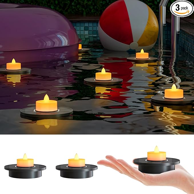 Solar Floating Pool Lights, 3-Pack Solar-Powered Float Candles Lamps Tea Light for Pond Party Garden Backyard Outdoor Decor