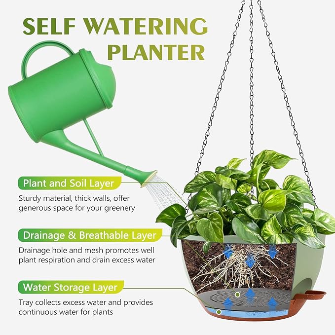 GARDIFE Hanging Planters for Indoor Outdoor Plants, 2 Pack Self Watering Hanging Pot with Drainage Holes & Removable Tray (Green, 12 inch)