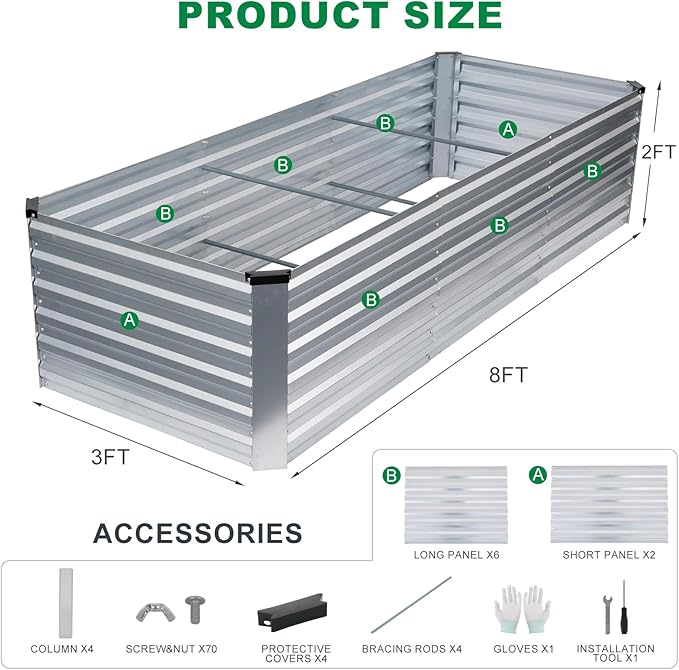 8x3x2FT Galvanized Raised Garden Bed, Outdoor Metal Raised Planter Box for Vegetables, Elevated Rust-Resistant Rectangle Gardening Container Kit with Reinforced Panels for Backyard, Patio(Silver)