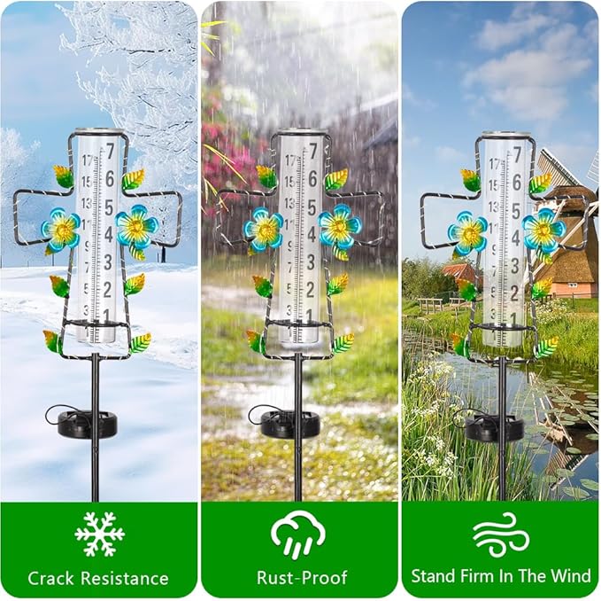 Solar Rain Gauge Outdoor with LED Lights,7” Glass Tube Rain Gauge Yard Decorative,Cross Rain Guage Freeze Proof for Garden Patio Lawn