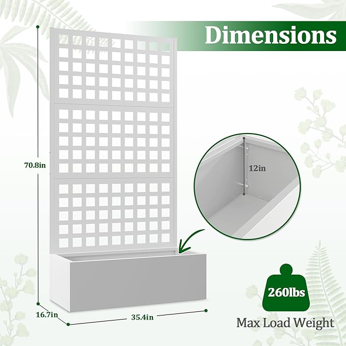 Metal Raised Garden Bed with Trellis, 2 in 1 Trellis with Planter Box & Privacy Screen for Climbing Plants, Vine, Outdoor Standing Flower Beds with Drainage Holes, 35.4" L x 16.7" W x 70.8" H, White
