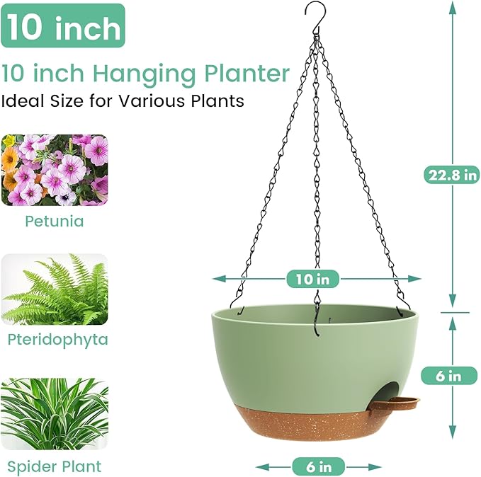 Set of 3-10 Inch Self Watering Hanging Planters for Indoor & Outdoor，Hanging Plant Pots with Drainage & Removable Tray, Modern Hanging Pots Holder for Ivy, Ferns, Balcony & Patio, Green and Brown