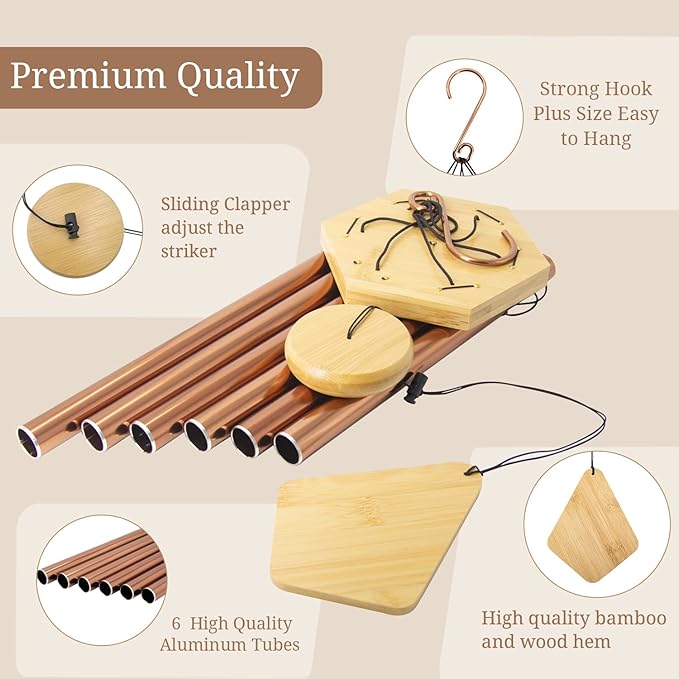 Howarmer Wind Chimes Outdoor Deep Tone, Wind Chime for Outside, Memorial WindChimes with Hook as Gifts for Mother's Day/Housewarming/Christmas, Patio, Garden, Yard, Home Décor, Copper