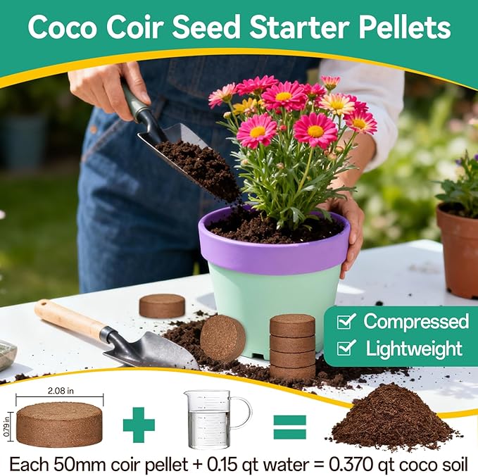 ZeeDix 200 Pcs (50mm) Compressed Coco Coir Fiber Potting Soil- Organic Coco Coir Pellet Fiber Soil for Planting Bonsai, Herbs, Plants, Flowers and Vegetables