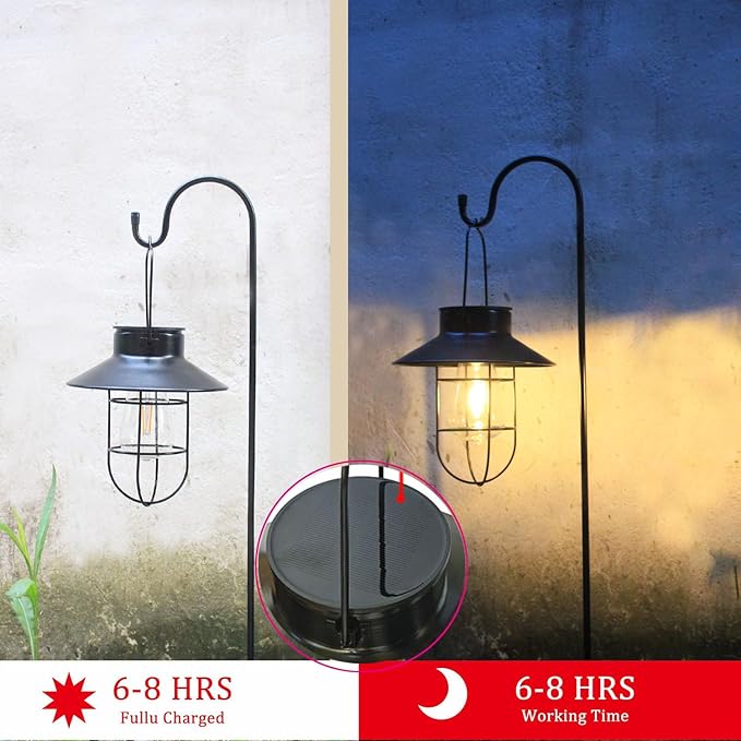 2 Pack Solar Lanterns ,Outdoor Waterproof Solar Lamp with Shepherd Hook, Metal Edison Bulb Lights Gifts for Gifts for Women/Mom Garden Outdoor Pathway Decor (Black)