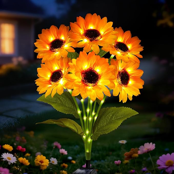 Upgraded Solar Sunflower Lights 1 Pack with 6 Outdoor Decor Flower Lights for Xmas Gift for Mom and Friends, IP65 Waterproof Sunflower Garden Stake Lights for Yard Patio Lawn Pathway (Warm White)