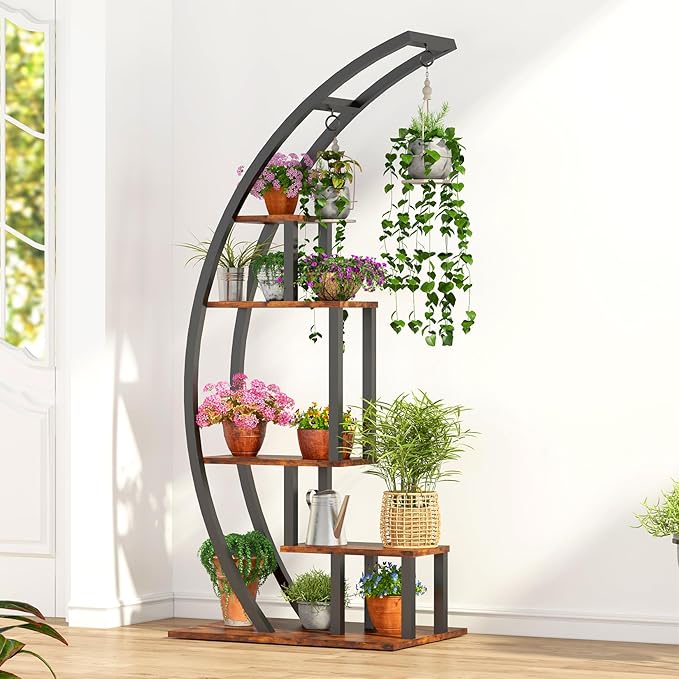 CABIHOME 5-Tier Tall Metal Indoor Plant Stand - Half-Moon Garden Plant Holder w/ 4 Hanging Hooks - Round Flower Shelf Rack for Home, Balcony, Living Room & Garden Decor