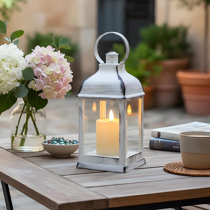 Yongmao White Vintage Lantern Decorative LED Flickering Flameless Candle with Timer, Battery Powered LED Decorative Hanging Lanterns for Indoor Outdoor Wedding Garden Yard Home Decor(4 Pack)