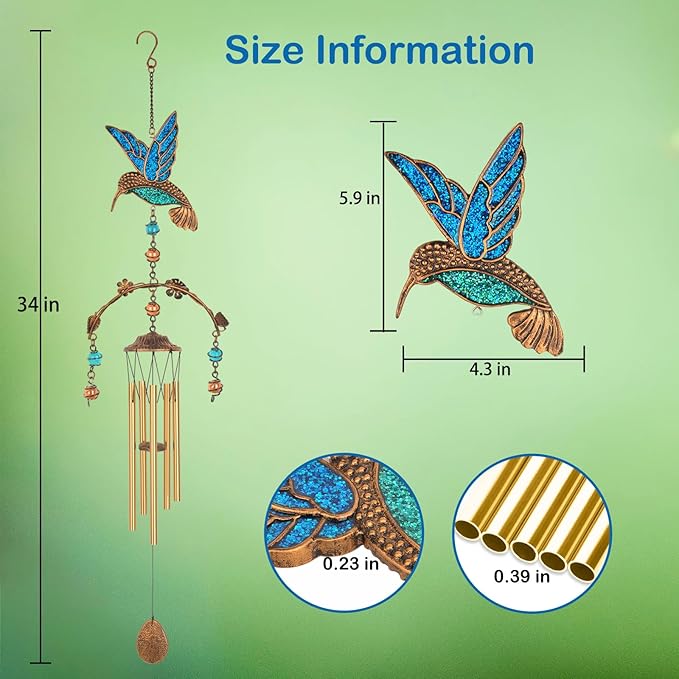 Wind Chimes - Blue Hummingbird Wind Chimes for Outside Deep Tone 34 inches 5 Aluminum Tubes, Thanksgiving, Christmas, Birthday Gifts for Mom, Grandma, Decorations for Home, Garden, Patio, Backyard