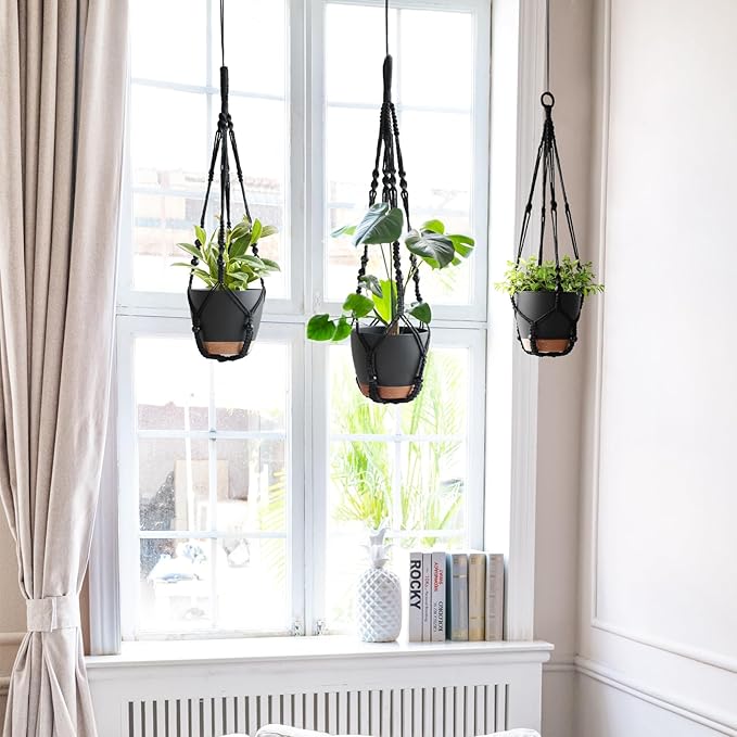 Mkono Hanging Planters, Macrame Plant Hangers with Self Watering Plant Pots Indoor Set of 3 Hanging Baskets Flower Pot Holders with Hooks No Tassels 3 Different Size for Boho Home Decor