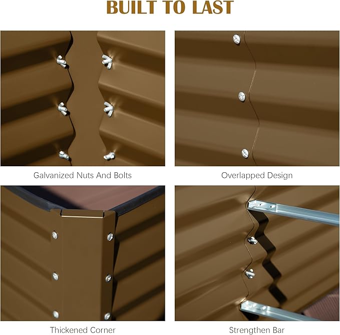 Domi 6x3x1.5ft Metal Raised Garden Beds Outdoor, Thickened Galvanized Steel Deep Root Planter Box with Stabilizing Bars & Rubber Edging for Vegetables, Flowers, Herbs - Brown