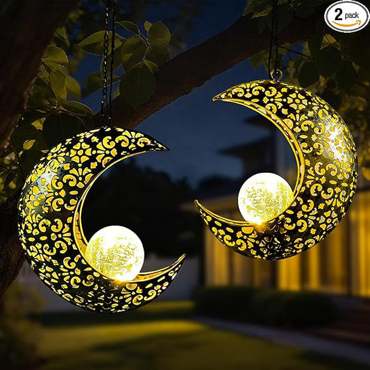 Solar Garden Hanging Moon Lights Outdoor Decor,2 Pack Metal Lanterns Art Decorations for Outside Yard Lawn Patio Wall Fences Driveway Trail,Unique Housewarming Gardening Gifts for Women Mom