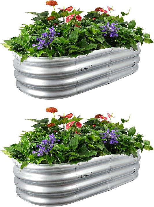2-Pack 4x2x1FT Galvanized Raised Garden Bed Kit Oval Metal Ground Planter Box Outdoor Bottomless Planter Raised Beds for Vegetables Flowers Herbs Fruits, Silver