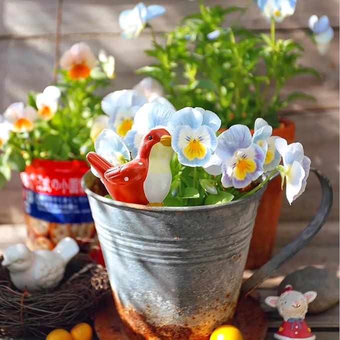 FirstGift 4 Pack Plant Self-Watering Stakes Terracotta Automatic Plant Waterer Devices Watering Globes Self-Watering Clay Planters Devices Perfect for Vacation Garden Plant Care （Blue/Red Bird）