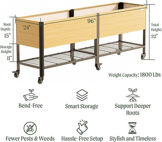 Rolling Elevated Garden Bed, 2' x 8' Metal Woodgrain Elevated Outdoor Planters Boxes with Legs & Storage Rack for Patio, 1800 lbs Weight Capacity, Raised Beds for Gardening Herb Flowers Vegetables