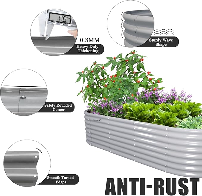 6 Pack 8x3x2FT Galvanized Raised Garden Bed Kit Oval Metal Ground Planter Box Outdoor Bottomless Planter Raised Beds for Vegetables Flowers Herbs Fruits, Gray