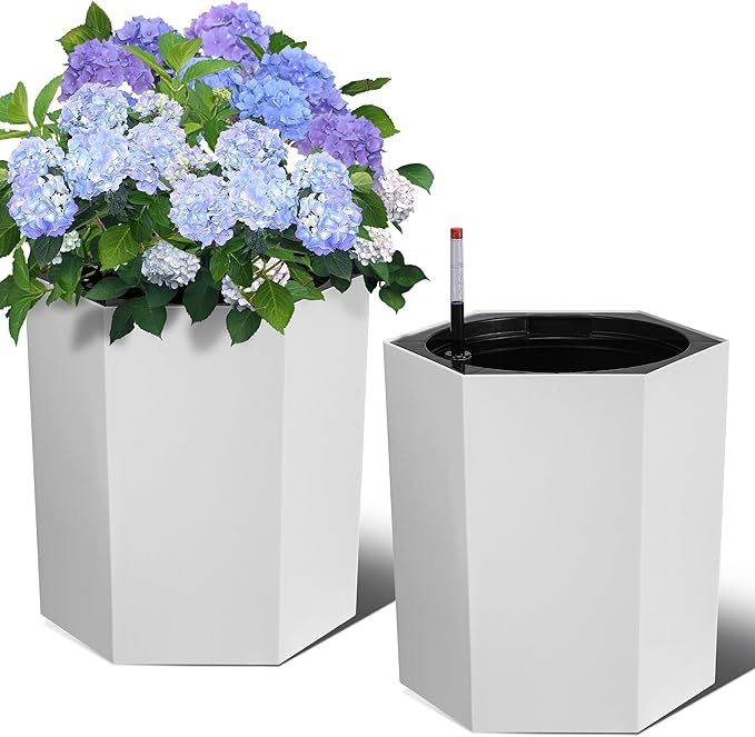16" Tall Planters Set of 2, Large Outdoor & Indoor Self-Watering Pots with Water Level Monitor, Drainage Hole & Wheels, Planter Pots for Garden, Patio, Balcony, Lounge - White