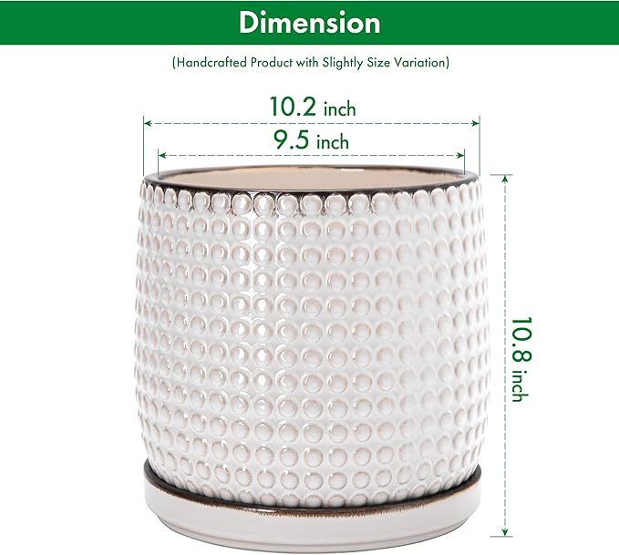 D'vine Dev 10 Inch Ceramic Beaded Stoneware Planter Pot - Flower Pot with Drainage Holes and Saucers for Indoor Succulent Plants or Flowers, Smoked White, 27-C-P-1