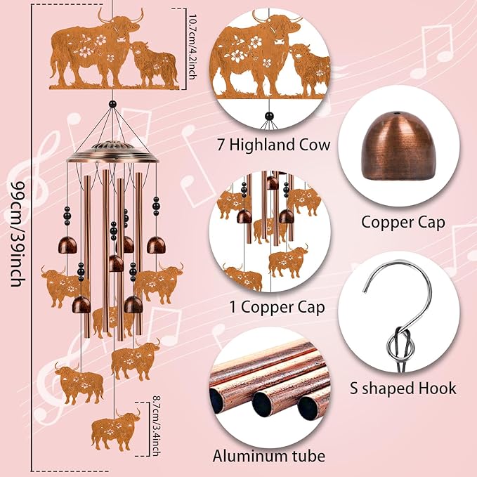 Highland Cow Wind Chimes for Outside - Luvsweets Highland Cow Gifts for Women Men, Mom Grandma Birthday Mother's Day, Memorial Wind Chimes for OutdoorGarden Patio Yard Porch Decor