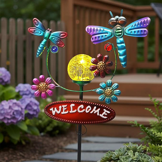 Solar Garden Stakes Metal Welcome Signs for Outside 30.3', 2 Flying Dragonflies with Cracked Glass Ball,Decorative Garden Stakes for Lawn, Patio, Dragonfly Gifts for Women