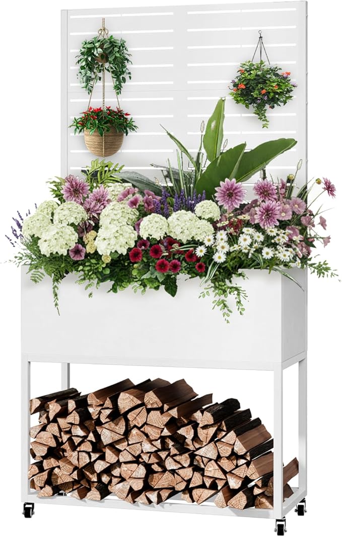 Metal Planter Box with Trellis, 3 in 1 Raised Garden Bed with Trelli & Firewood Rack, Privacy Planter Screen for Climbing Plants, Vine, Outdoor Garden Standing Beds with Drainage Holes, Wheels,White