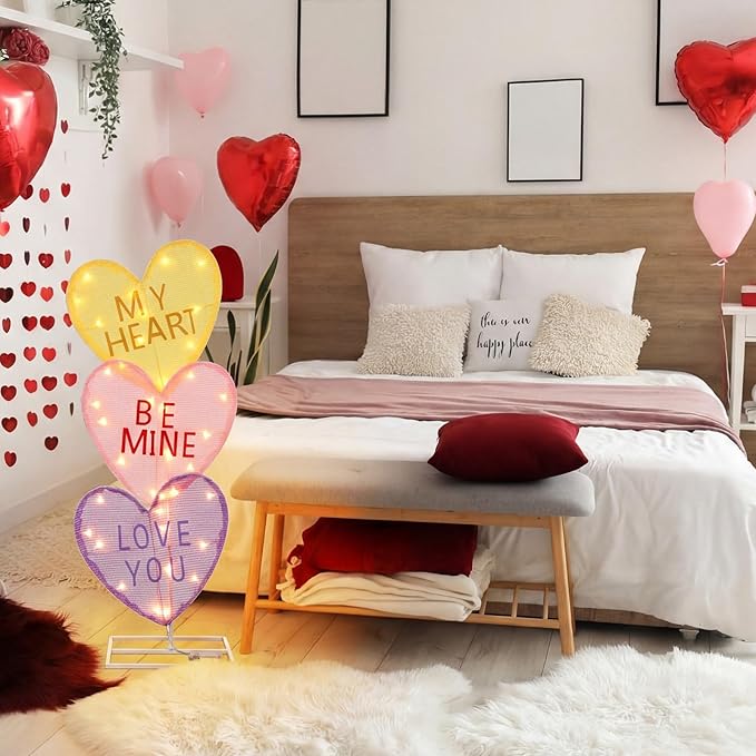 VIHOSE Valentine's Day Heart Lights 41 Inch H Pre-lit Lighted Heart Decor with 50 Warm White Lights Valentine's Day Conversation Candy Hearts Decoration for Indoor Outdoor Porch Garden Lawn (Vivid)