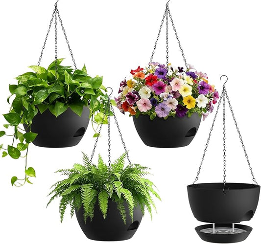 UOUZ 4 Pack 8 Inch Self Watering Hanging Planters for Indoor Outdoor Plants，Hanging Pots for Plants with Drainage Removable Tray, Hanging Baskets Flower Pots for Ivy Pothos Spider Garden Porch Black