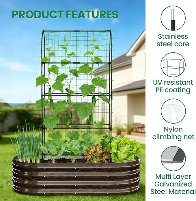 SUNYRISY Galvanized Raised Garden Bed with 71in Arch Trellis for Climbing Plants, Outdoor Planter Box with Climbing Net for Gardening Flowers Vegetables Fruits Herbs, Wood Grain