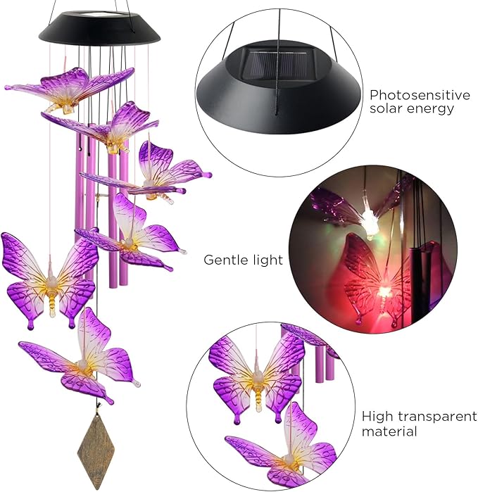 Butterfly Solar Wind Chimes,New Gift for All mom/dad/Women/Grandma/Daughter/Aunt/Friend/Wife and Sister. Yard Decor,Gardening Birthday Gift, Christmas Decorations,Patio Decor