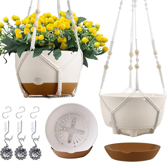 3 Pack 8/10/12 Inch Hanging Planters for Indoor Plants with Self-Watering Includes Hanging Pots for Plants, Outdoor Hanging Flower Pots with Drainage, and 2 Types of Hanging Baskets Hangers (White)