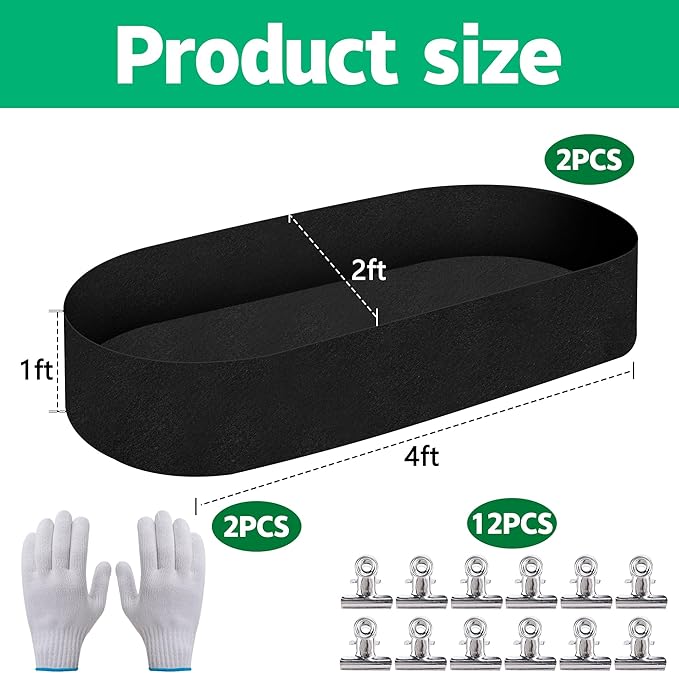 2 Sets 4 x 2 x 1 ft Raised Garden Bed Liner Bag, Breathable Grow Bed Fabric Liners with Clips and Gloves, Garden Box Non Woven Bag for Outdoor Plants Growth Keep Soil Isolation (Oval)