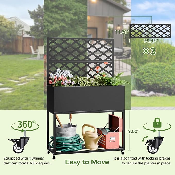 Metal Planter Box with Trellis,55" H x35 W Raised Garden Beds with Privacy Screen for Climbing Plants Flower, Elevated Standing Planter Garden Bed with Drainage Holes for Outdoor Patio,Black