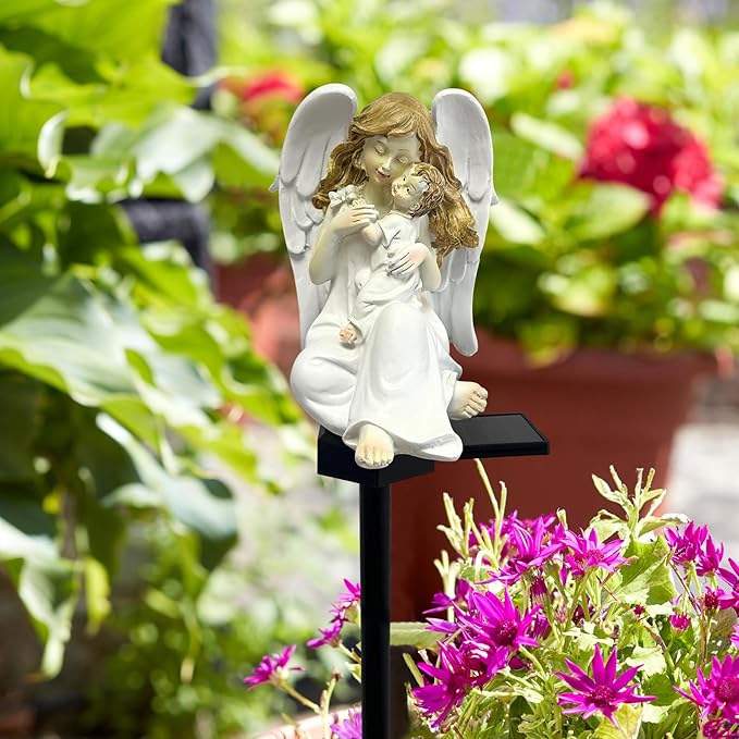 Solar Garden Angel Lights, Waterproof Outdoor Garden Angels Statue Decorations Solar Lights for Cemetery Gravesite Grave Outside Yard Patio Lawn Porch (Mother Angel)