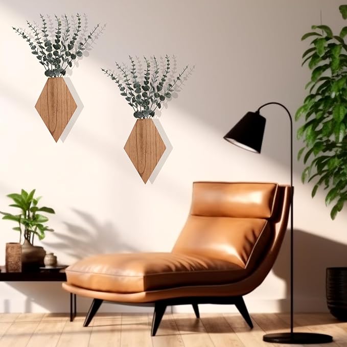 Chunful 2 Pcs Wooden Wall Planter Decor Hanging Fake Plants Greenery Flowers Holder Vase Boxes for Wall Bohemian Farmhouse Room Kitchen Office Indoor Decoration (Wooden Color,9.8 x 6.6 x 1.2 Inches)