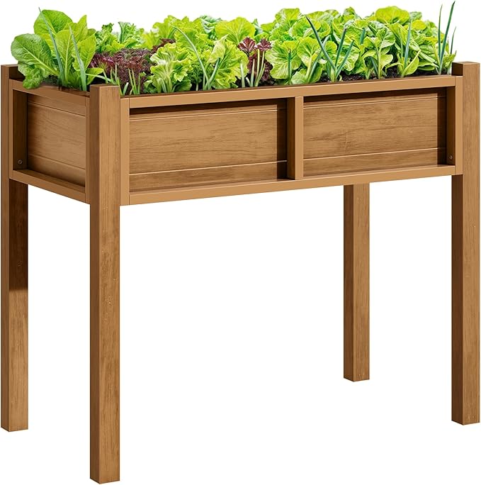 DWVO Raised Garden Bed with Legs Weatherproof Elevated Planter Box Outdoor with Drainage System Patio Planters for Herbs Vegetables Flowers Plant Bed for Garden Balcony Backyard,Teak