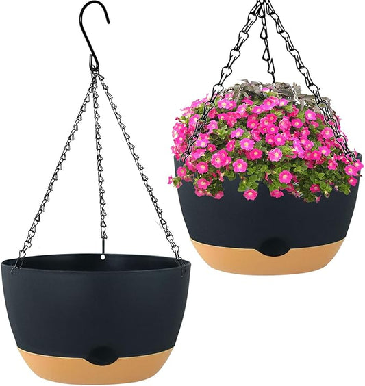 10 Inch Hanging Planters for Indoor Outdoor Plants,2 Pack Hanging Flower Plant Pot，Plastic Hanging Plant Pots for Outside with Drainage Hole and Removable Saucer for Garden Home
