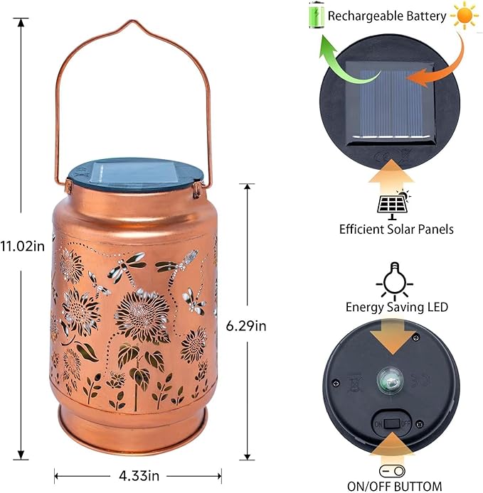 Dragonfly Solar Lanterns Outdoor Waterproof Sunflower Solar Lights Birthday Christmas Gifts for Women Mom Metal Hanging Decorative LED Lantern Outside for Garden Decor,Yard,Patio,Porch,Lawn,Backyard
