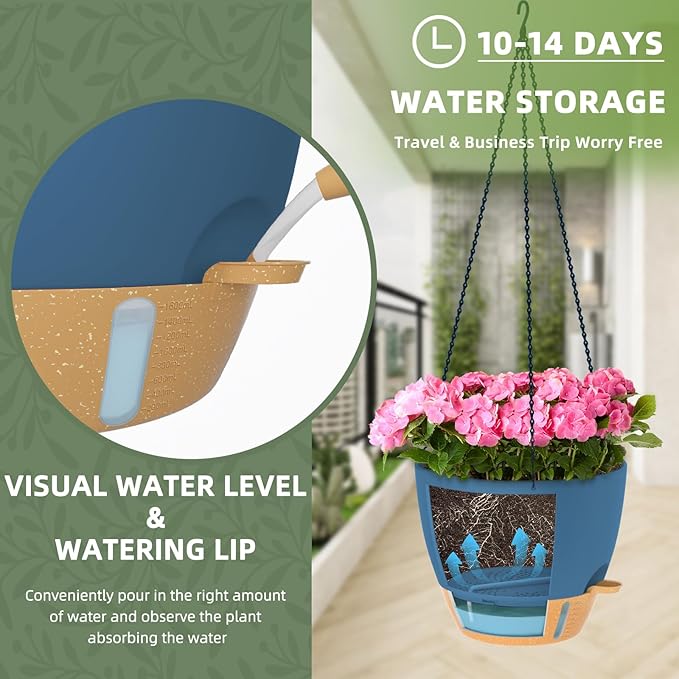 ZMTECH 12 Inch Hanging Planters for Indoor Plants & Outdoor - 2 Pack Self-Watering Hanging Pots with Drainage Holes, Visual Reservoir, Plastic Hanging Baskets Flower Pots with Removable Saucer, Blue