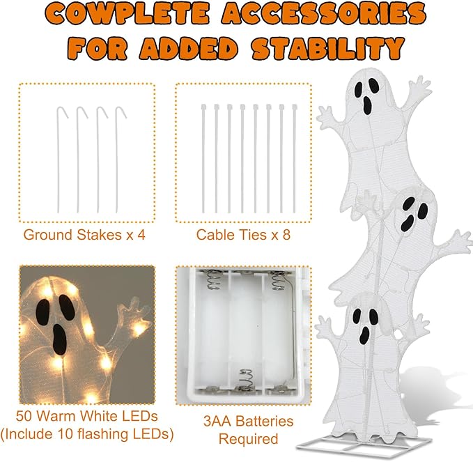 Halloween Lighted 3 Stacked Ghosts, 42’’ H Pre-Lit Lighted Ghosts with 50 Warm White Lights, Light Up Halloween Ghost Decoration for Indoor, Outdoor, Porch, Yard, Holiday Decor